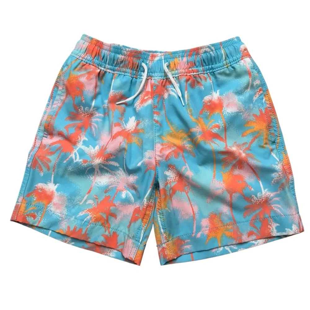 J.Crew Crewcuts Swim Trunks Boys Size 5 Lined Drawstring Palm Tree Print Blue - Picture 1 of 4